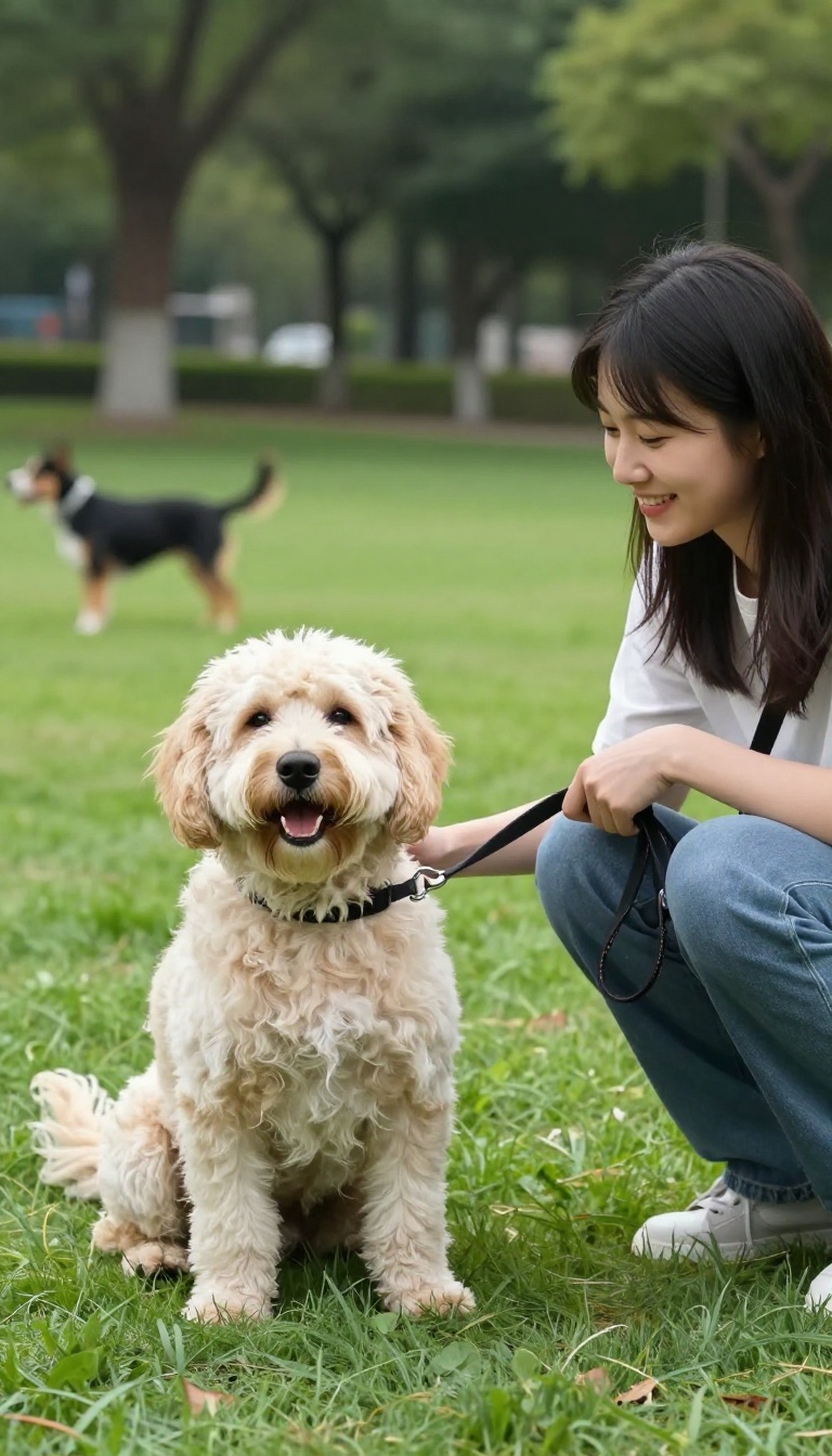 Person reading dog's body language before entering a dog park