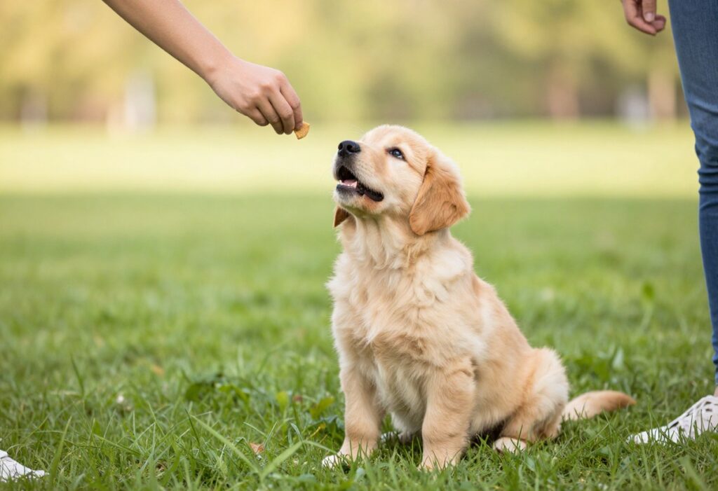 Puppy looking up at owner during a name game training session