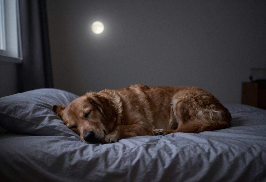 Dog sleeping peacefully on a bed at night