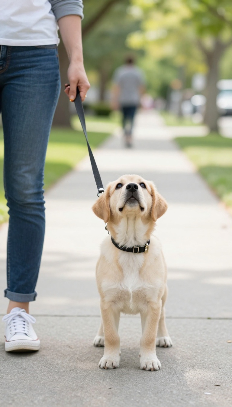 Person walking a puppy on a leash, puppy looking up at the person, with a treat, in a bright, mildly distracting outdoor setting.