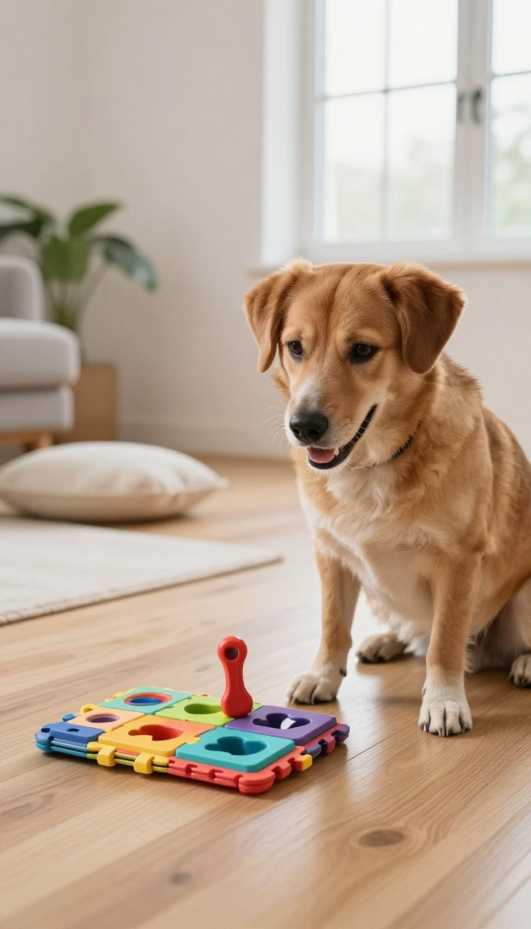 Dog engaging with a puzzle toy as a training reward without food treats