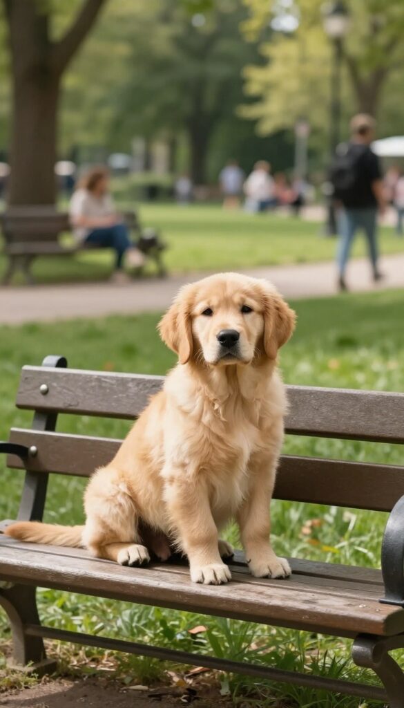Person sitting on a bench with a calm puppy in a busy park