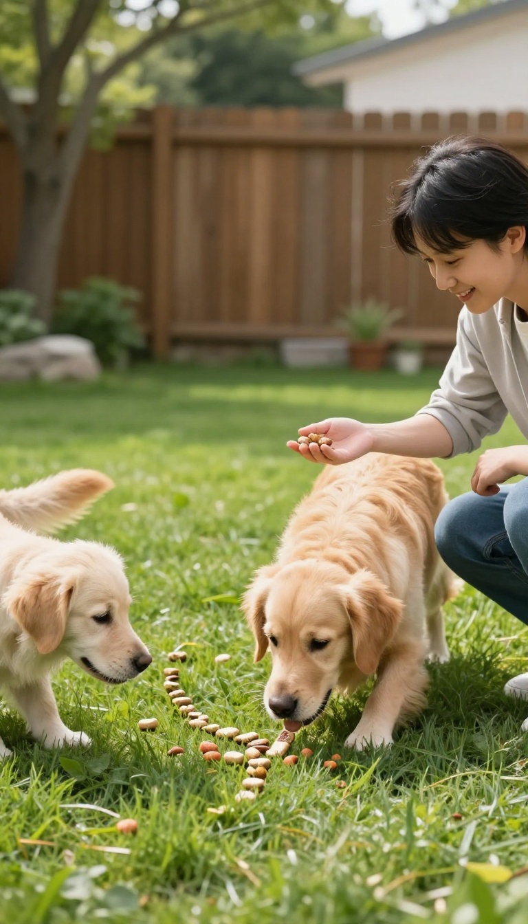 Dog sniffing a scent trail of treats while owner calls it from a short distance in a sunny backyard