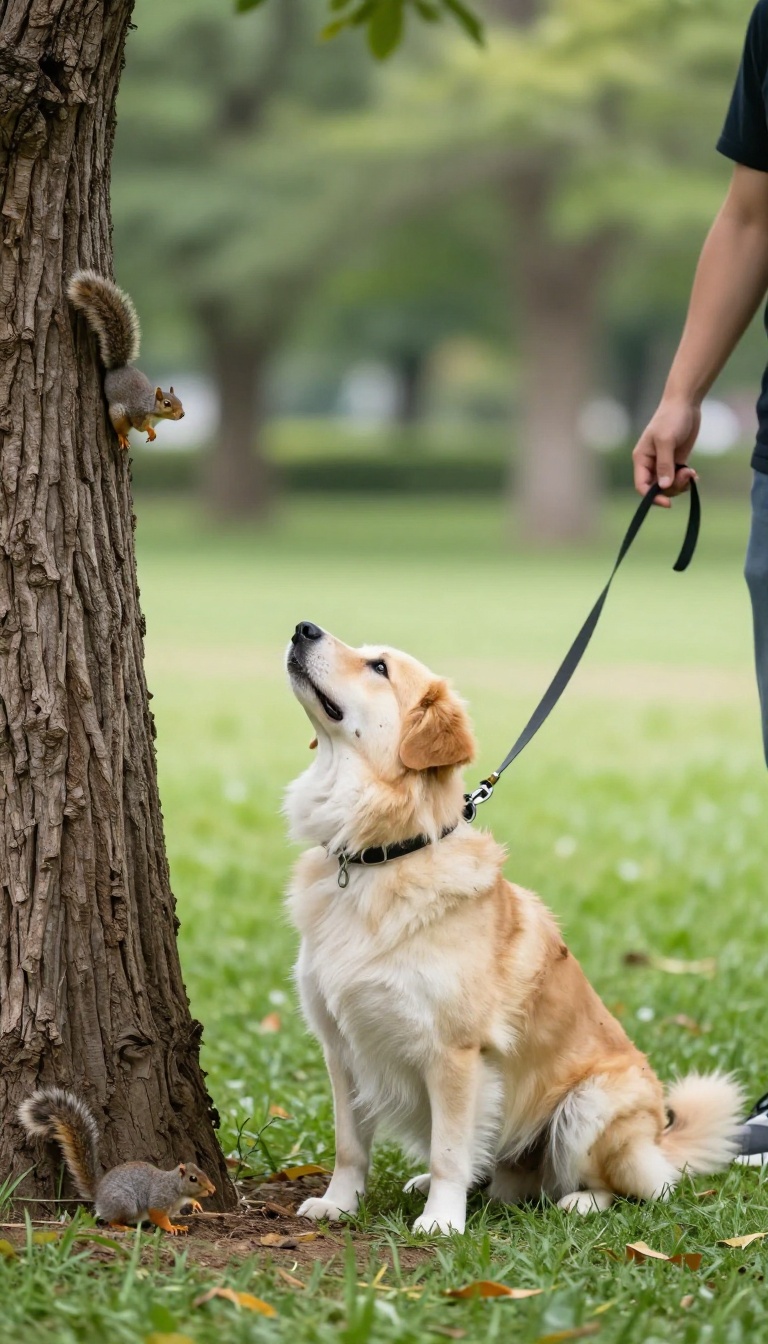 A dog on a long leash looking at a squirrel in a tree during a training session in a park