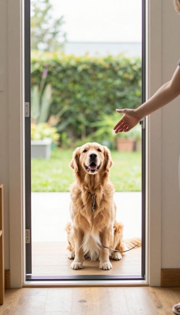 Golden retriever waiting calmly at an open front door, looking at owner's hand for permission, in a bright, clean home interior.