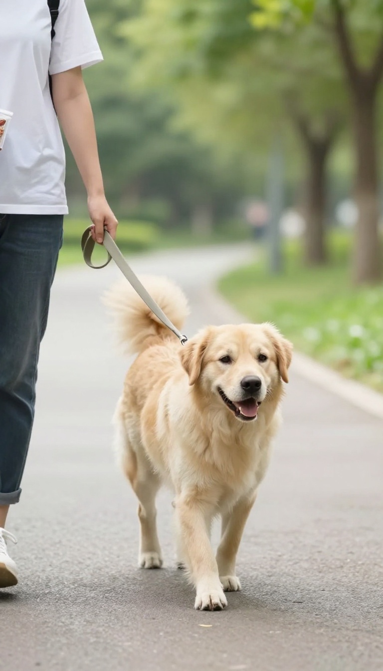 Person rewarding a calm dog with a treat during a loose-leash walk in a sunny park