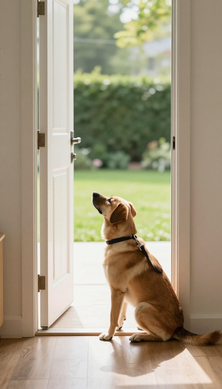 Dog sitting patiently at an open front door, waiting for permission to go outside