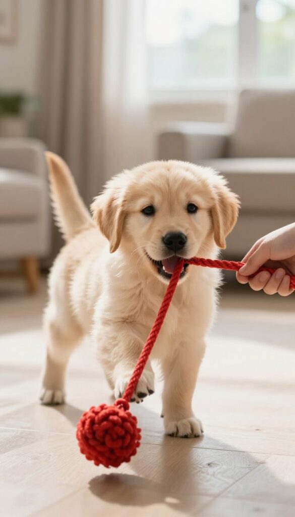 Golden retriever puppy playing tug-of-war with a red rope toy in a bright living room