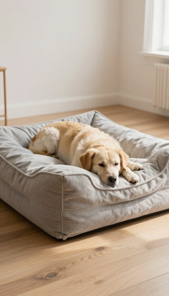 A dog resting on a homemade memory foam scrap bed in a bright living room
