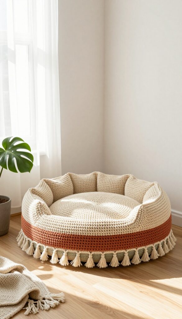 Boho macramé accent crochet dog bed in a bright, cozy living room