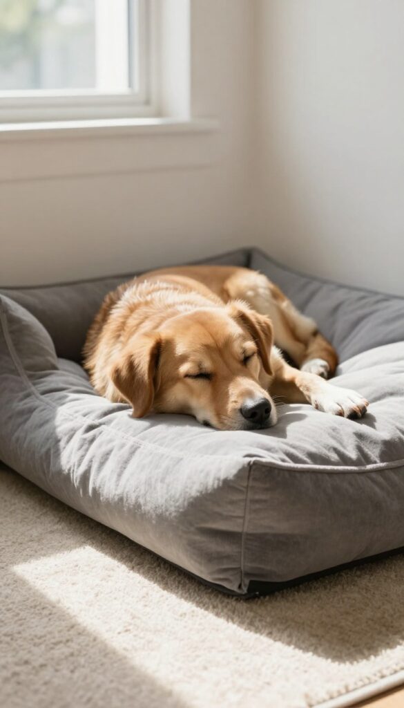 Dog resting its head on a bolster pillow in a cozy dog bed, showcasing head and neck support.