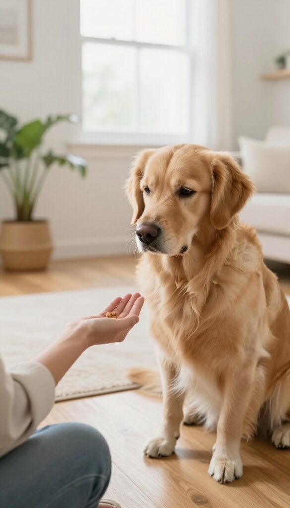 A dog calmly looking at its owner's hand instead of the treat, demonstrating the 'leave it' command in a bright living room.