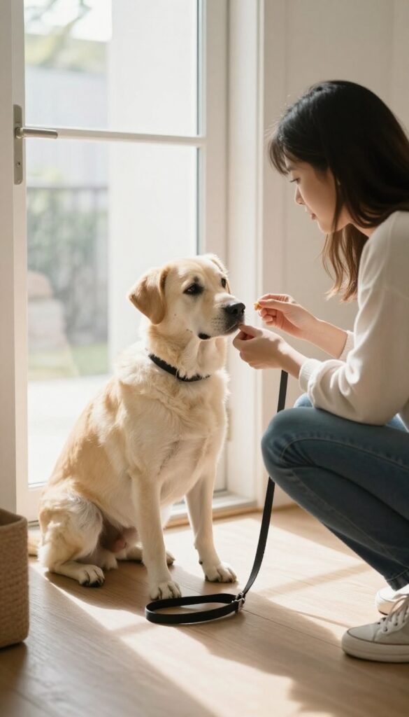 A dog sitting calmly near an open door while its owner trains it to ignore a shoe and leash on the floor.