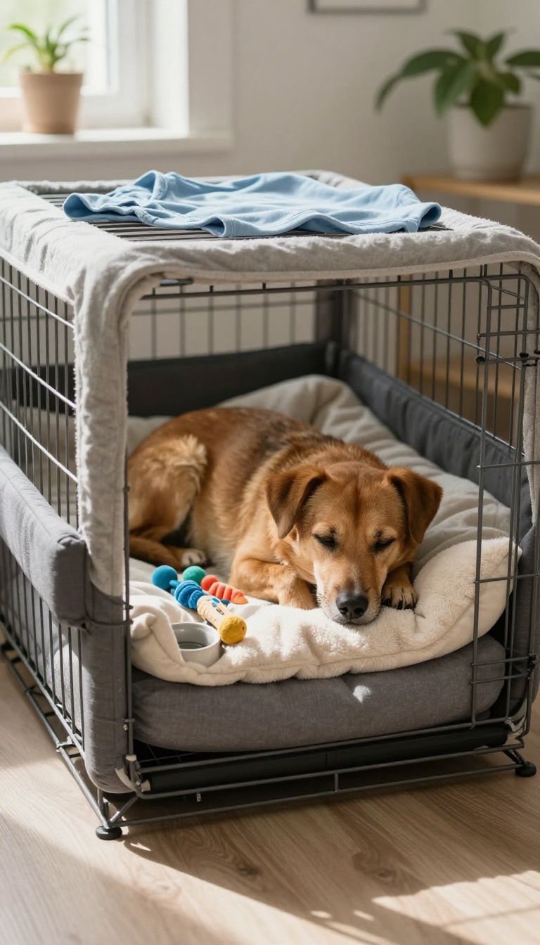 A shy dog relaxing in a cozy, open crate with soft bedding and toys in a bright, quiet corner of a living room.