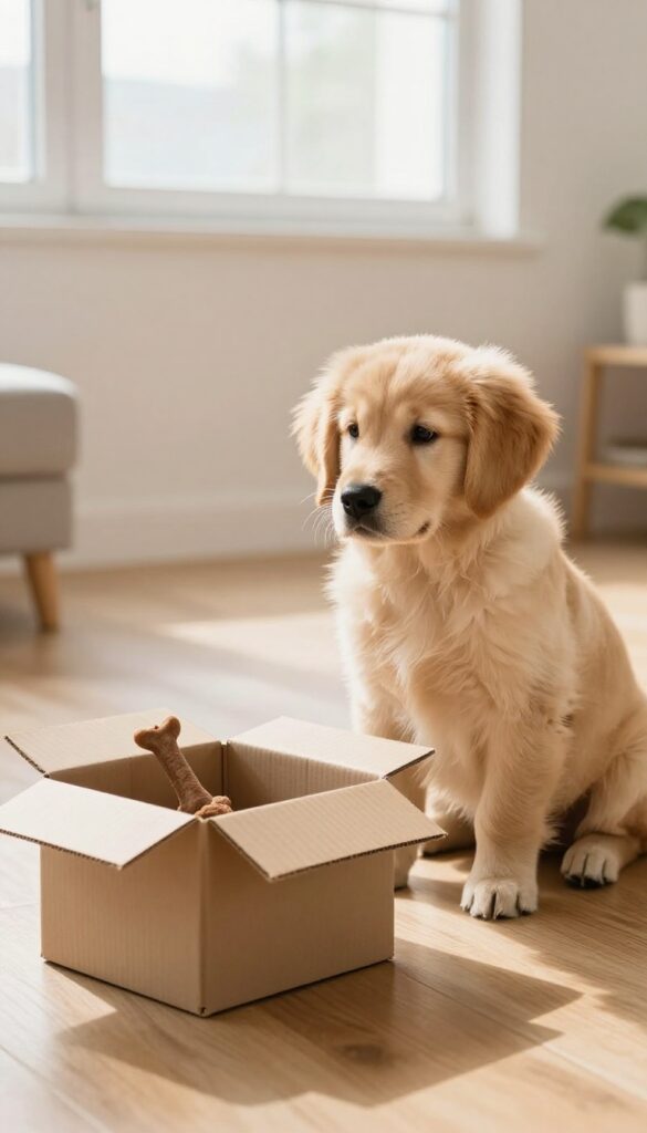A golden retriever puppy sitting next to an open cardboard box with a treat inside, looking away calmly in a bright, sunlit room.