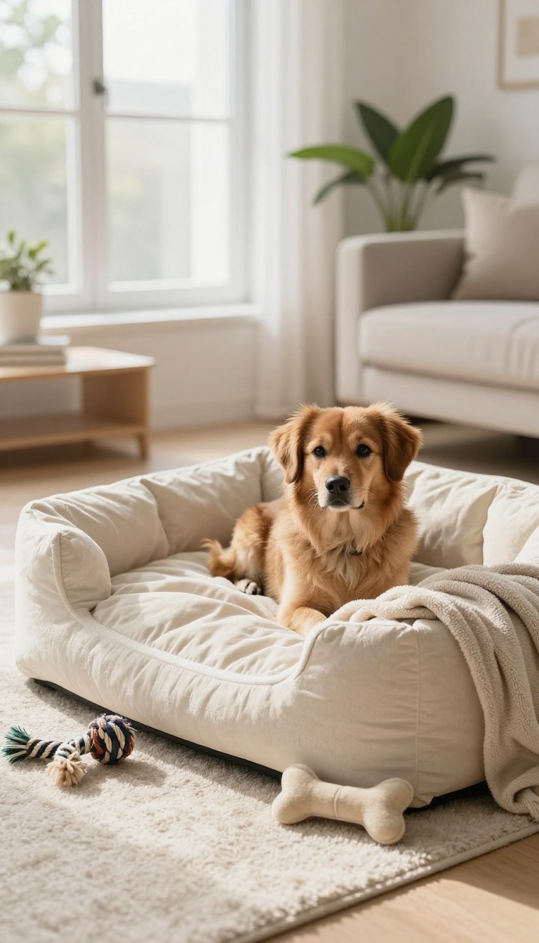 Cozy dog safe space with plush bed, toys, and a t-shirt in a bright living room corner