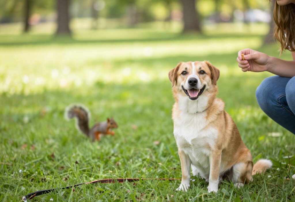 Dog focusing on owner during a distraction drill in a park