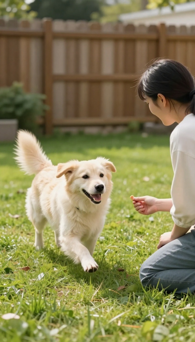 Dog running to owner during recall training in a sunny backyard