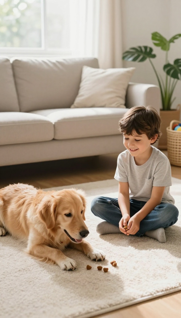 Child playing Treat Toss with a dog indoors, scattering treats on a rug in a bright living room
