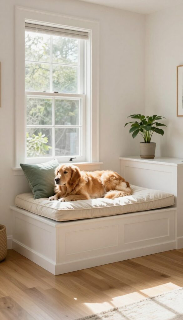 A golden retriever resting on a built-in window seat bed with a plush cushion and bolster pillow, in a bright living room.