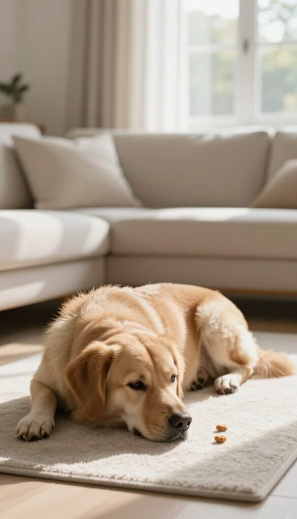 A calm dog lying on a mat with treats, in a bright living room