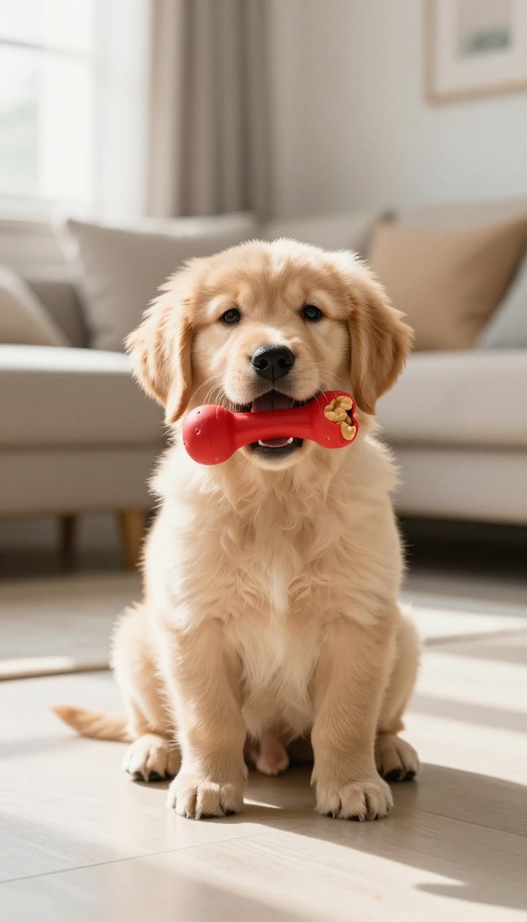 Happy puppy with a Kong toy stuffed with peanut butter on a sunlit living room floor