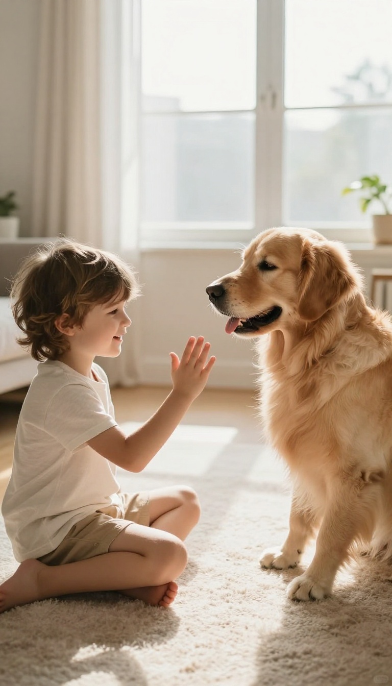 Child teaching dog the touch target game, dog touching nose to child's hand