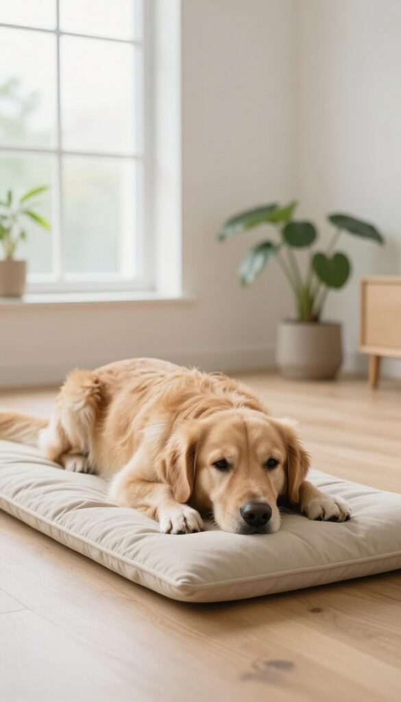 Golden retriever relaxing on a beige mat in a sunlit living room, illustrating the mat as a cue for calm.