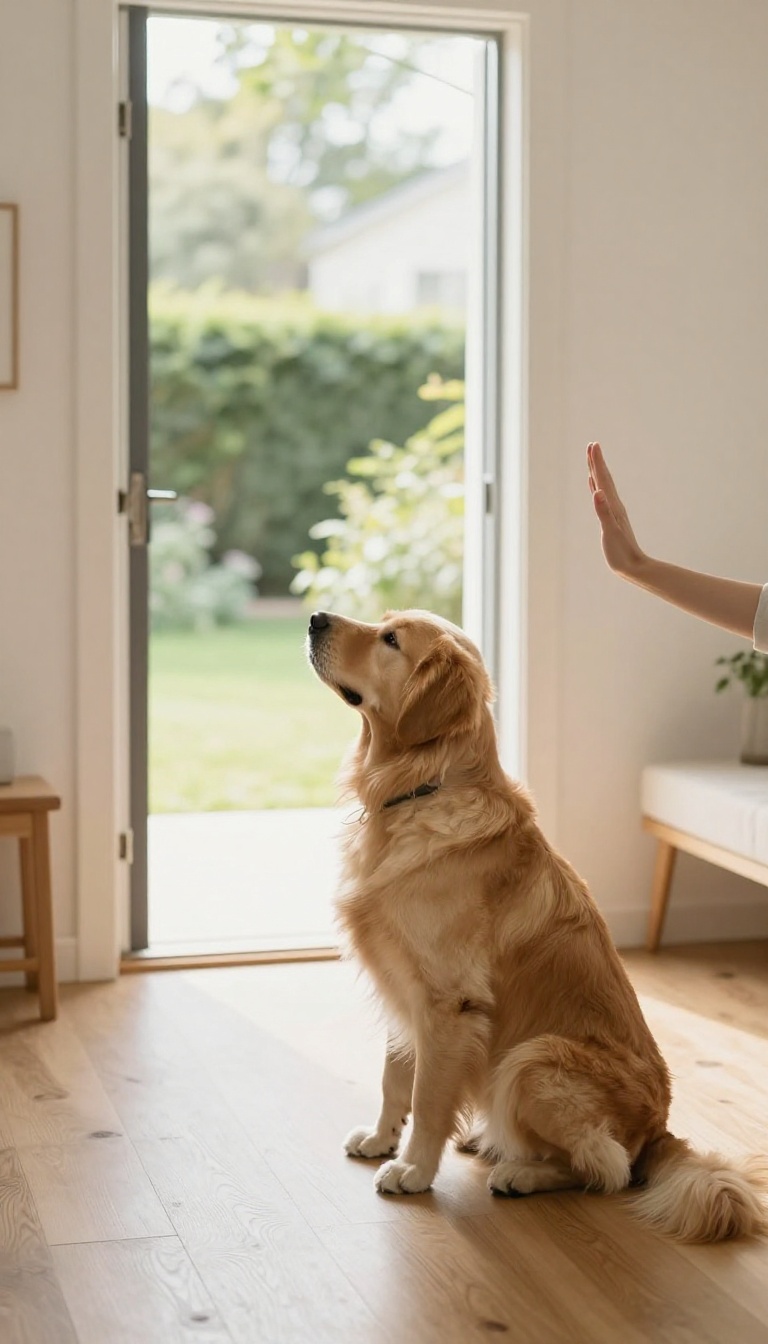 Dog waiting patiently at an open doorway with owner's hand signal