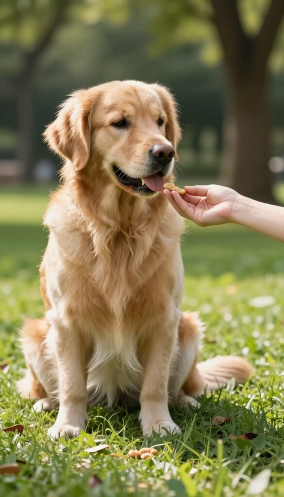 Dog training 'leave it' cue with high-value rewards in a park
