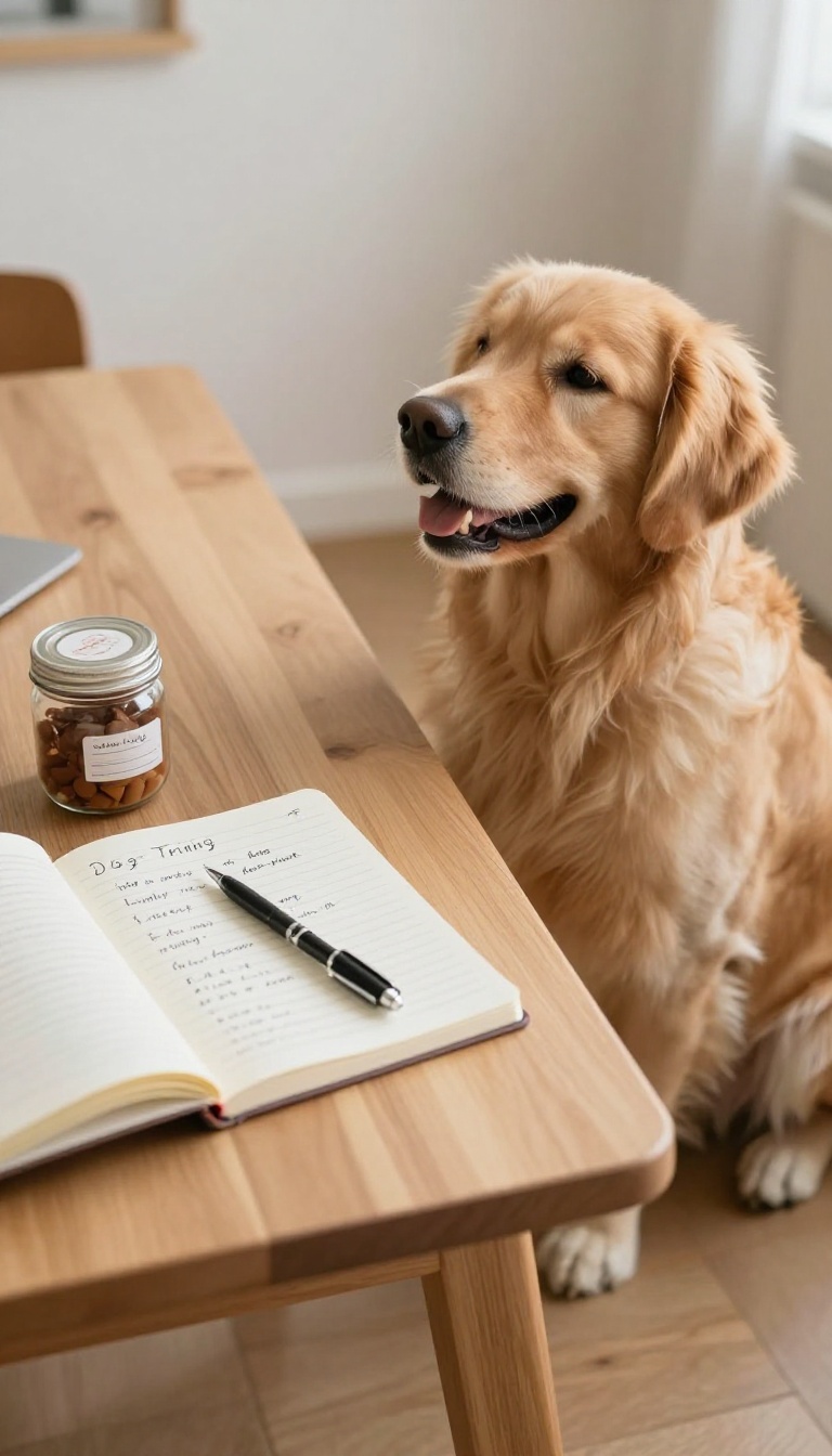 Dog training progress notebook with a golden retriever sitting nearby