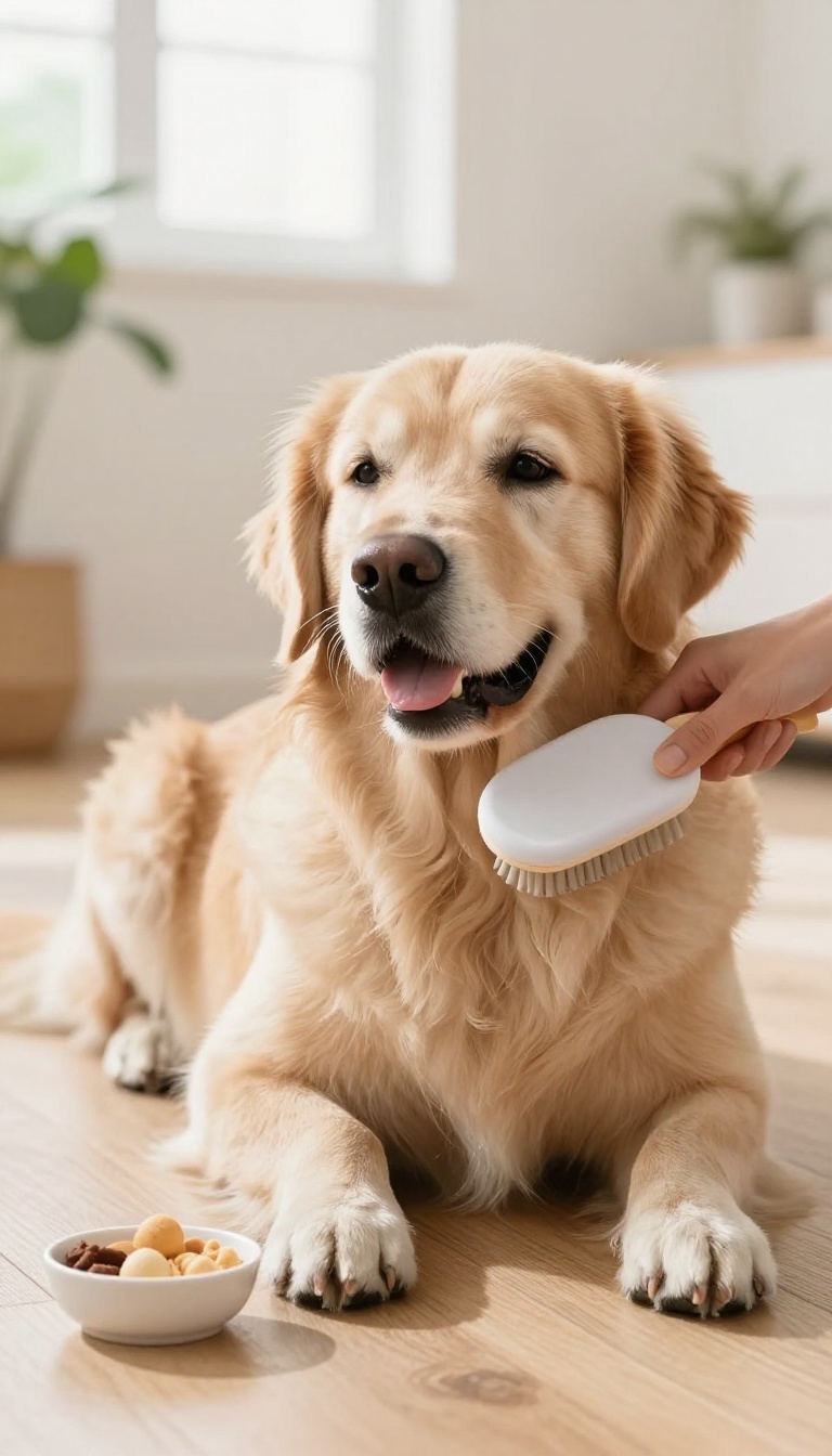 Woman gently brushing a calm golden retriever in a bright living room, emphasizing relaxed handling and grooming.