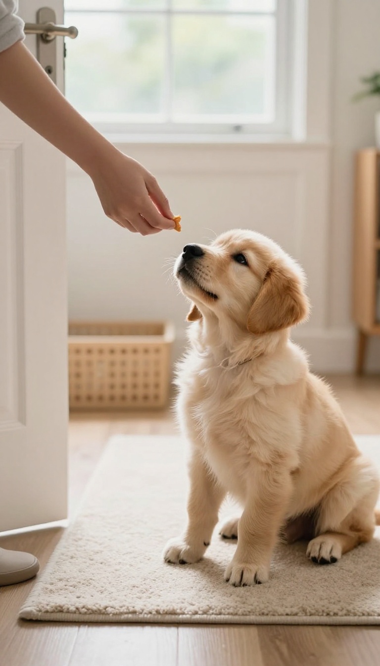 A puppy sitting on a rug near a door with a treat in front, crate in background, bright natural light.