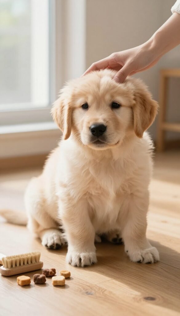 A calm golden retriever puppy being gently touched on the ear by a hand, with a brush and treats nearby in a bright, cozy setting.