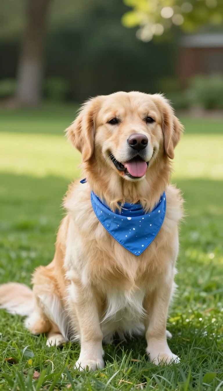Happy golden retriever wearing a light blue bandana in a sunny backyard