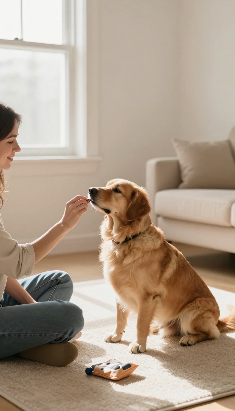 Person patiently training a dog in a bright living room with a treat, showing calm and trust.