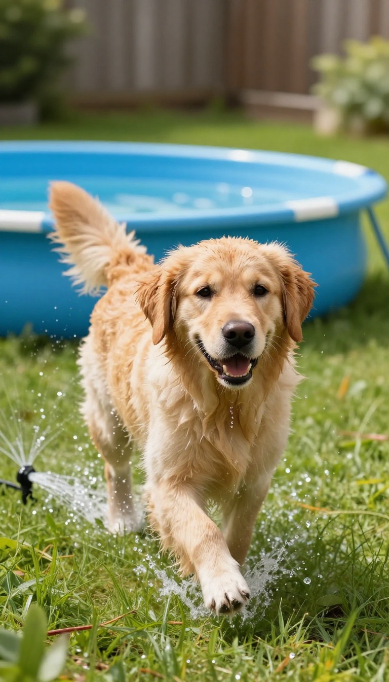 Golden retriever playing in a sprinkler on a sunny day in a backyard with a kiddie pool nearby.