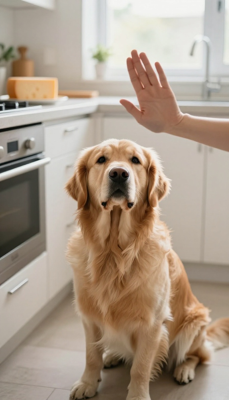 Dog training 'leave it' command in a kitchen, dog looking at owner's hand instead of food on counter