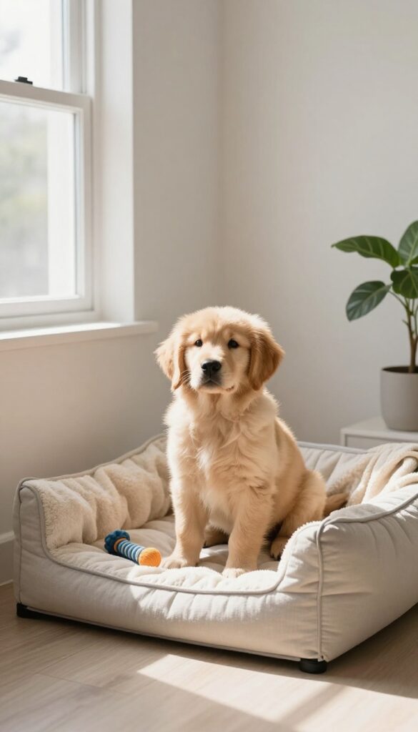 A calm puppy sitting inside a cozy crate in a bright, modern living room, illustrating positive crate training.