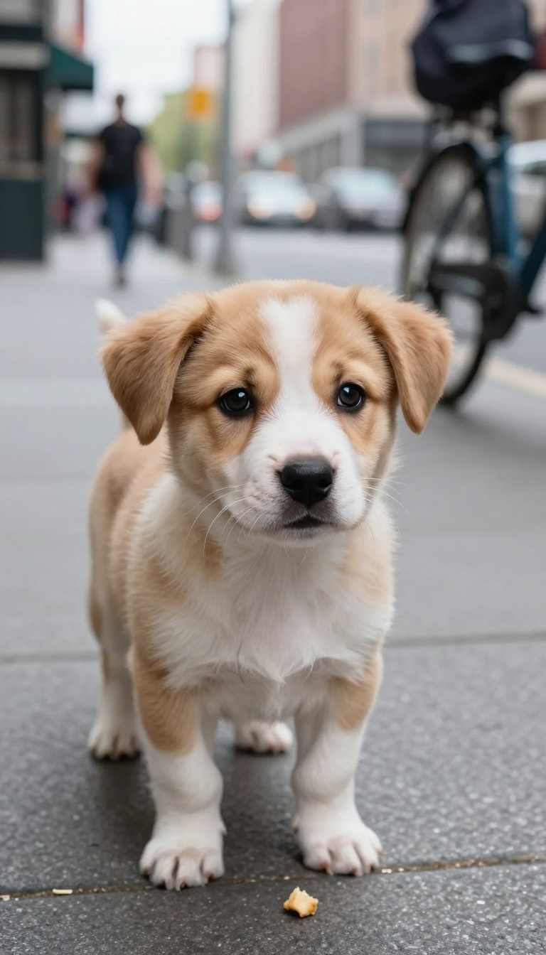 Puppy practicing 'leave it' on a busy sidewalk, looking away from a treat on the ground