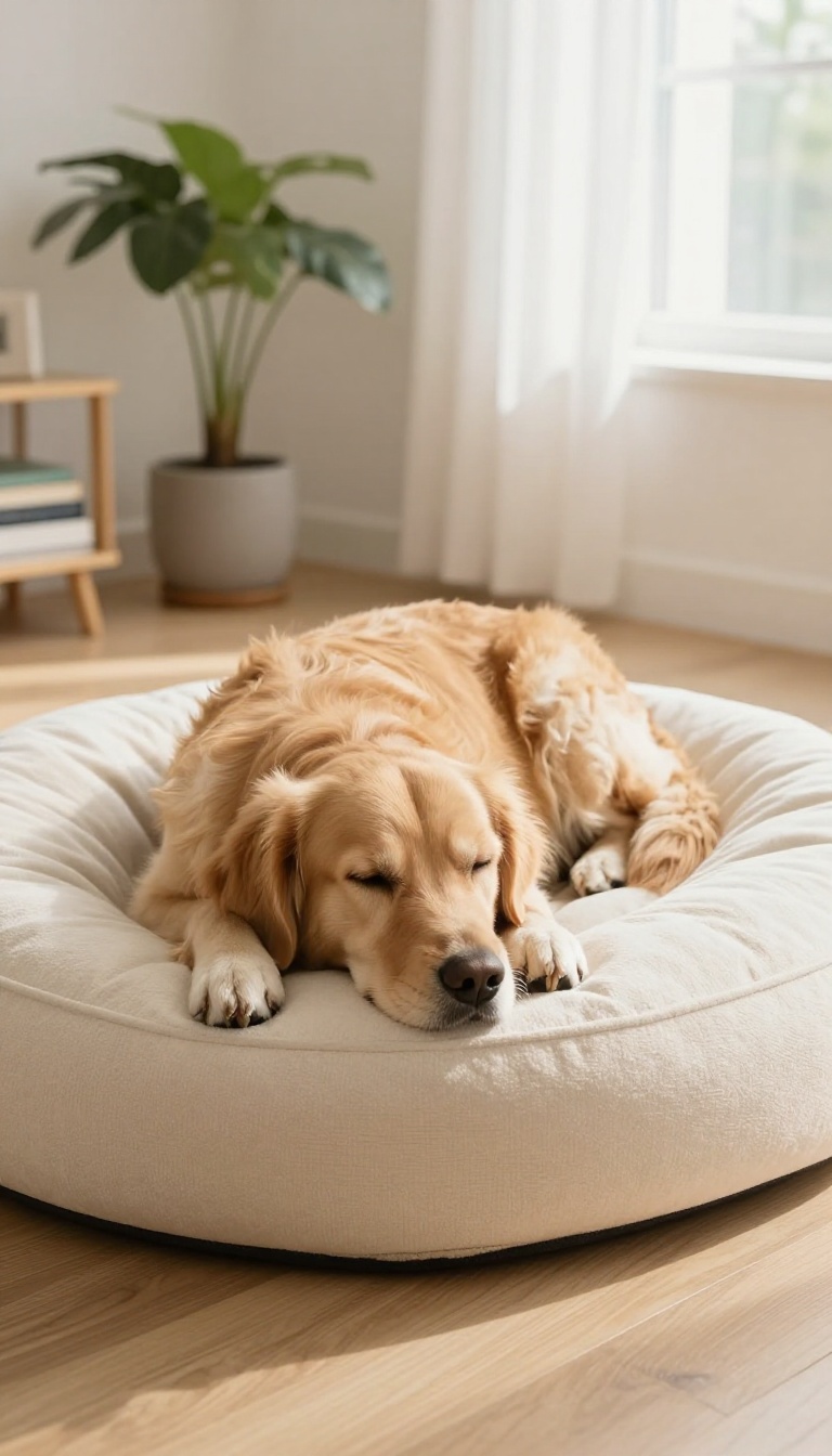 A golden retriever lying calmly on a cozy dog bed in a bright living room, illustrating the concept of teaching a dog to settle on a mat.