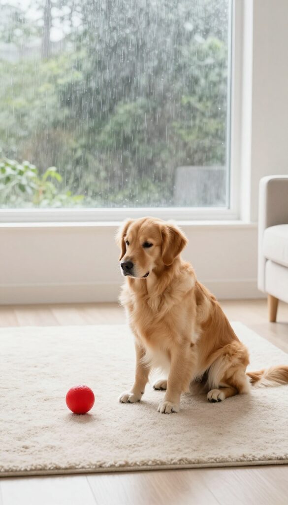 Golden retriever focusing on a red ball in a bright, cozy living room on a rainy day