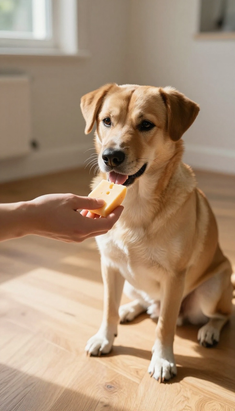 Hand giving a treat to an obedient dog sitting on a sunlit floor