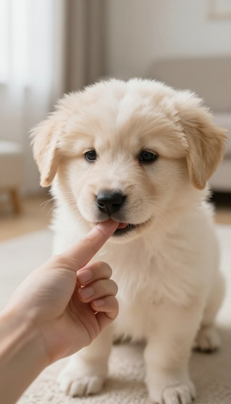 Small puppy gently mouthing a human finger in a bright living room during bite inhibition training