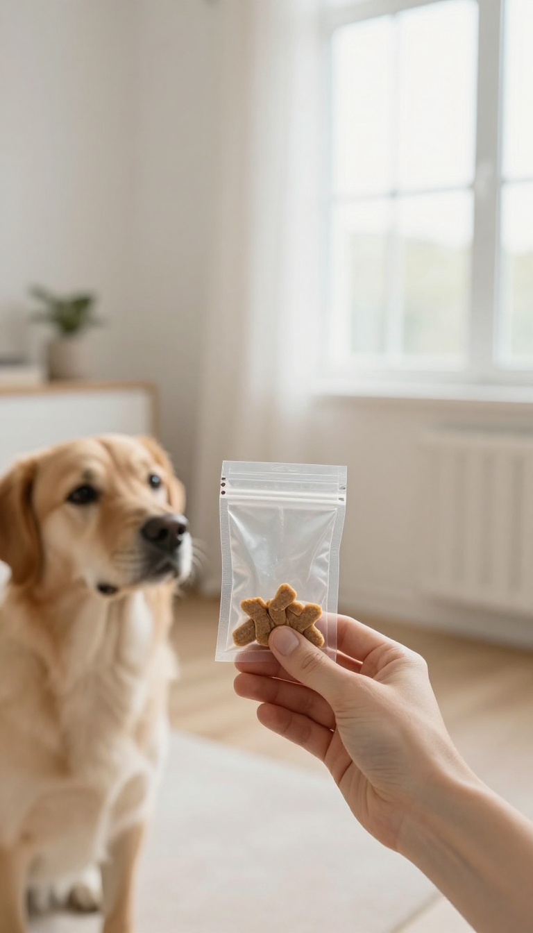 Hand holding a treat pouch while a dog sits nearby in a bright living room