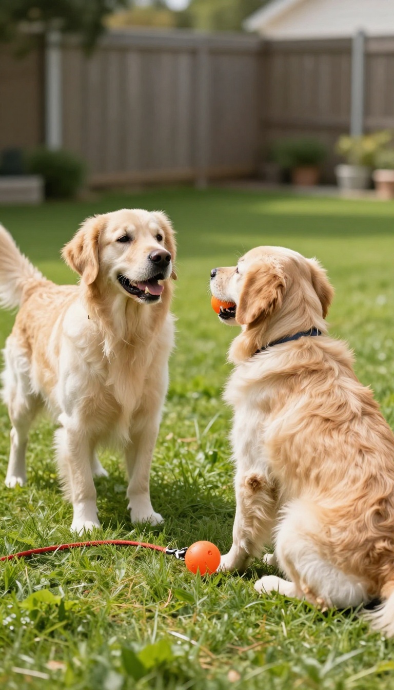 Dog turning back to owner during a recall training game with a toy toss in a sunny backyard.