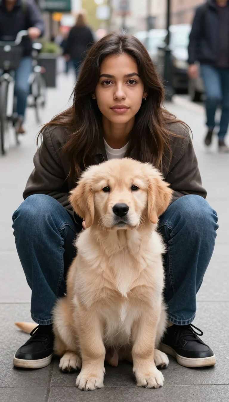 Puppy sitting between person's legs on busy sidewalk, focusing calmly