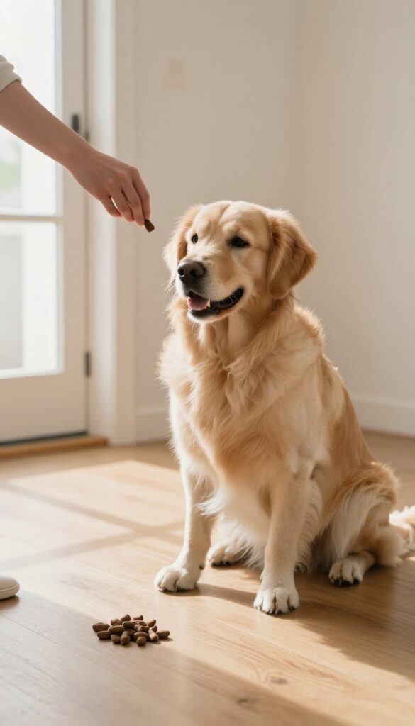 A dog practicing the 'leave it' command with a treat on the floor, demonstrating impulse control near the door.