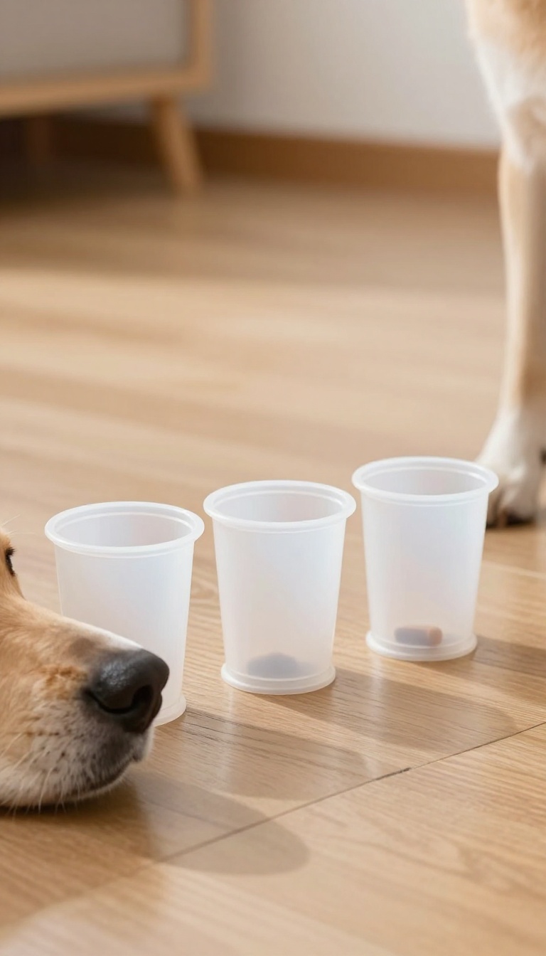Dog playing a memory game with three cups and a treat