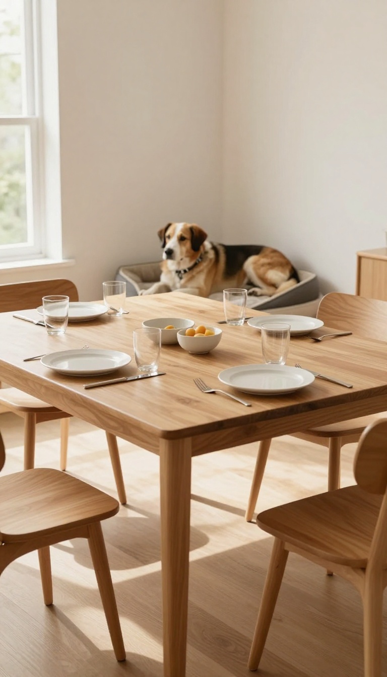 A dog lying on a bed in the corner of a dining room, away from the table, illustrating the 'no dogs at the table' rule.